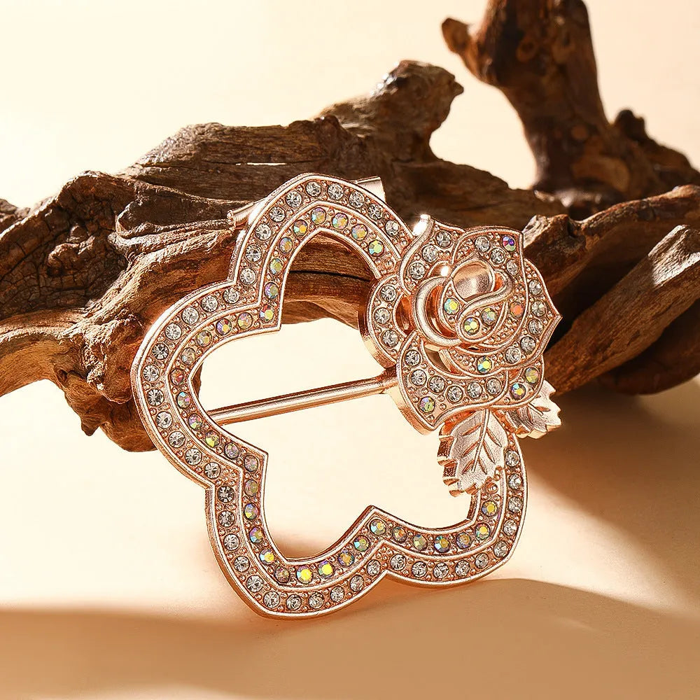 Bow-shaped waist-cinching accessory clip for high-end brooches, alloy with electroplating and diamond inlay, shown in gold, silver, or rose gold finishes.