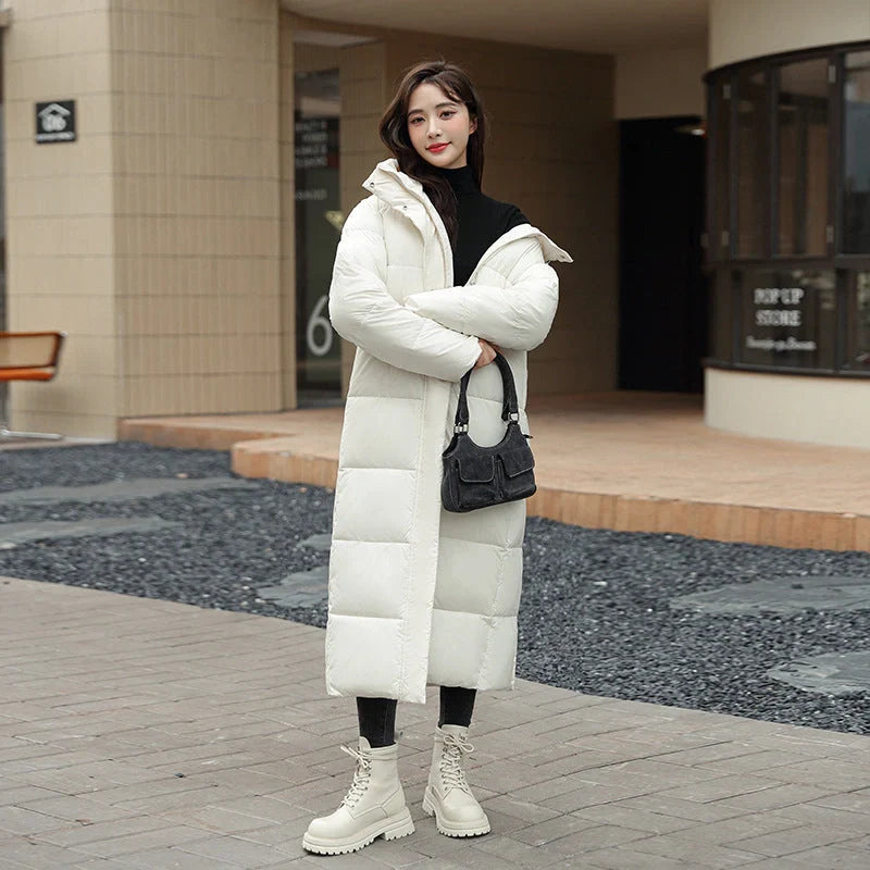 Women's long winter down puffer coat in black, dark red, white, and khaki colors