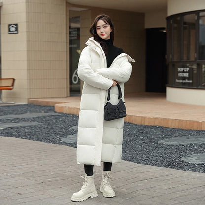 Women's long winter down puffer coat in black, dark red, white, and khaki colors