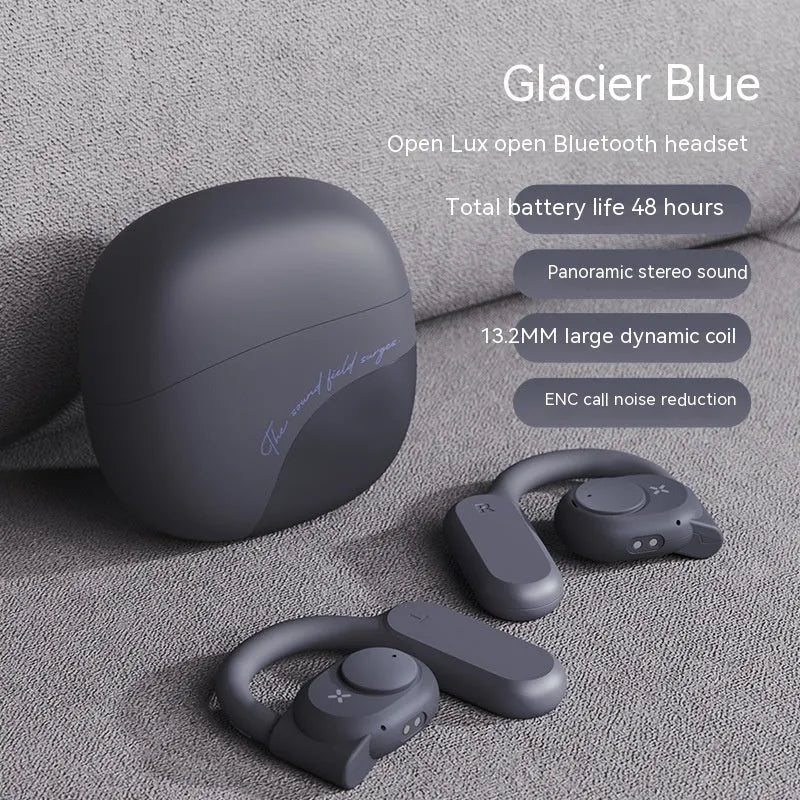 Bone conduction non in-ear Bluetooth headset with silicone ear hook in Glacier Blue and Apricot White