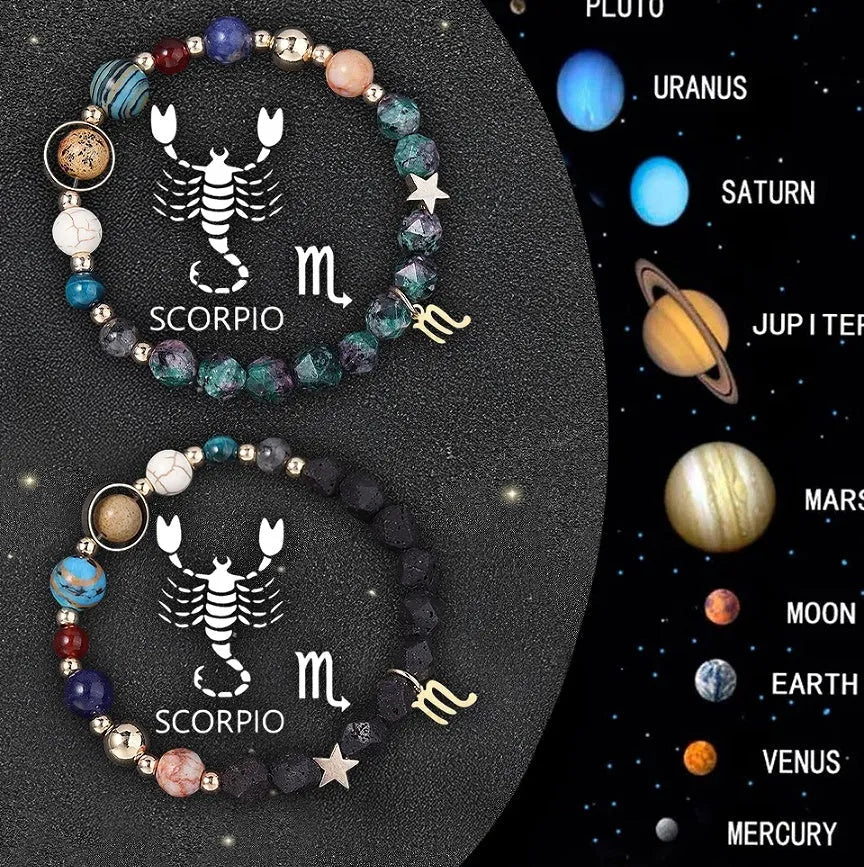 Two natural stone zodiac bracelets with adjustable cords showing sliding knot mechanism and zodiac bead details