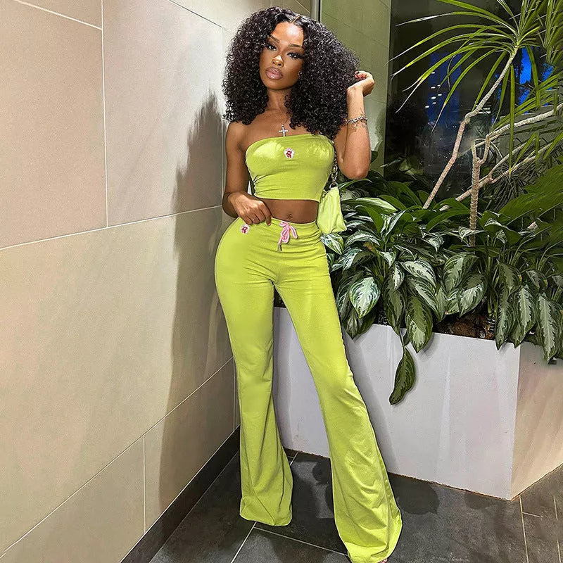 Women's summer embroidery tube top and high waist bell-bottom pants set in various colors
