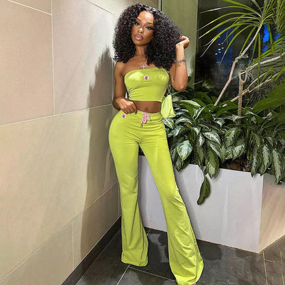 Women's summer embroidery tube top and high waist bell-bottom pants set in various colors