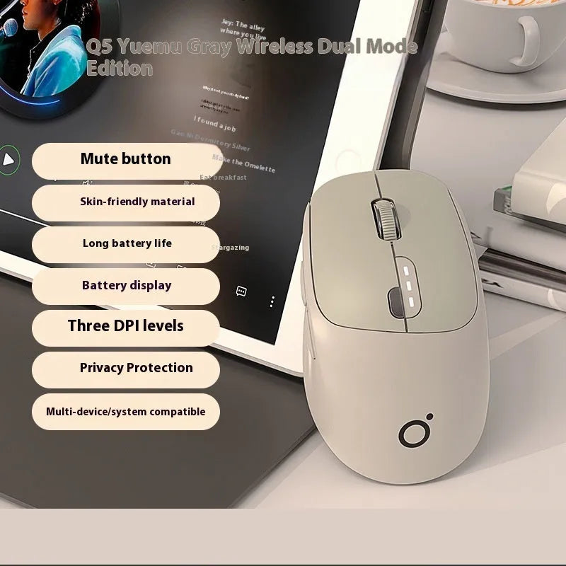 Mute wireless Bluetooth computer mouse in Matcha Green colour on a desk, showing its compact size and 5-button layout.