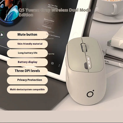 Mute wireless Bluetooth computer mouse in Matcha Green colour on a desk, showing its compact size and 5-button layout.