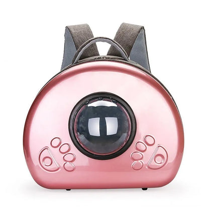 Transparent space capsule cat carrier with metallic front cover in choice of rose gold, silver, or champagne gold