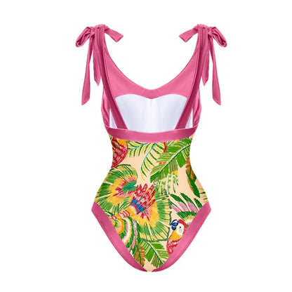 Pink floral print women's retro swimsuit with V-neck and attached thin skirt cover