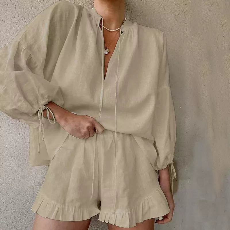 Women's lace-up V-neck lantern sleeve top and ruffled shorts set in cotton
