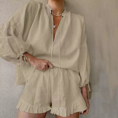 Women's lace-up V-neck lantern sleeve top and ruffled shorts set in cotton