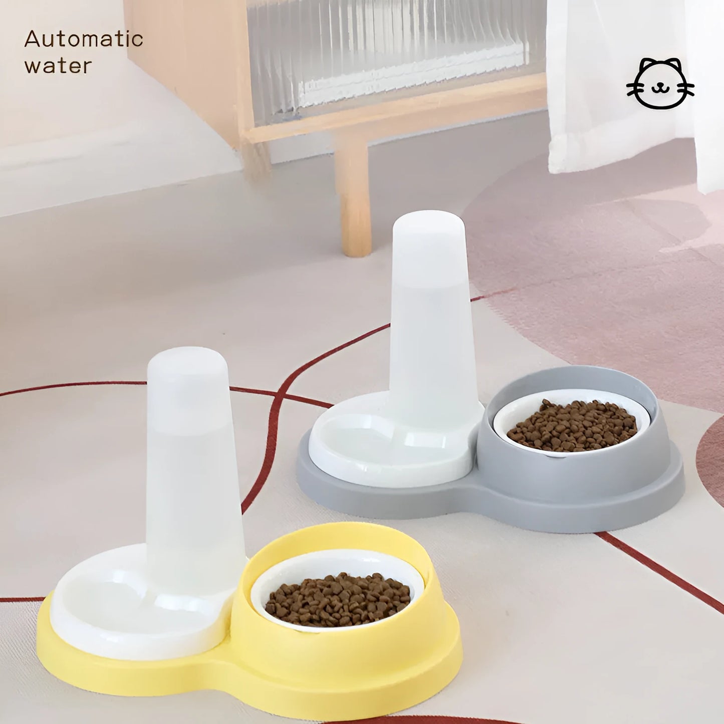 Grey and yellow double pet feeding bowl with raised neck protection and non-slip base.