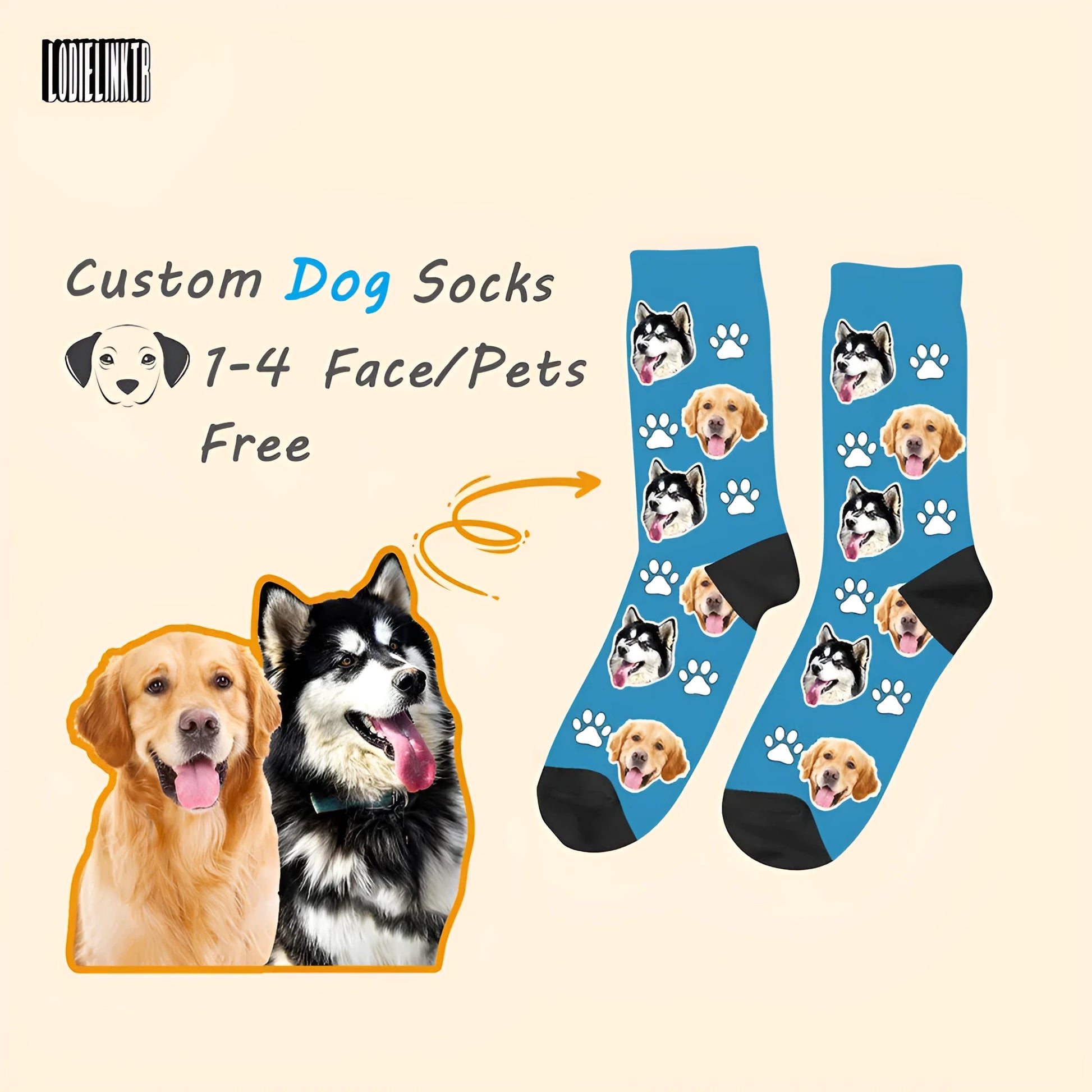 Personalised mid-calf photo socks with printed cartoon designs in multiple colour options