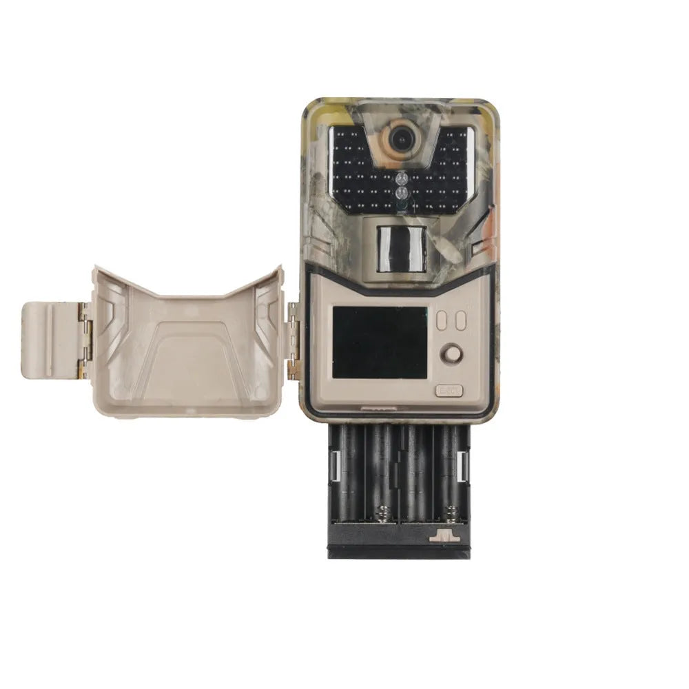Camouflage infrared hunting trail camera with lens and infrared LEDs, shown with mobile phone displaying APP control interface.