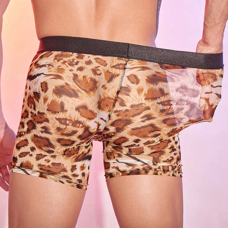 Men's leopard print boxer shorts free size nylon underwear with elastic waistband