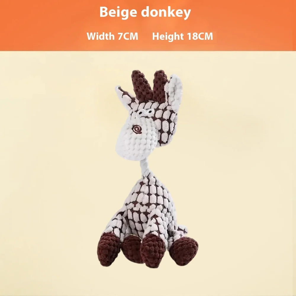 Bite-resistant puppy plush toy with relieving molar design in multiple animal styles including donkey and duck variations