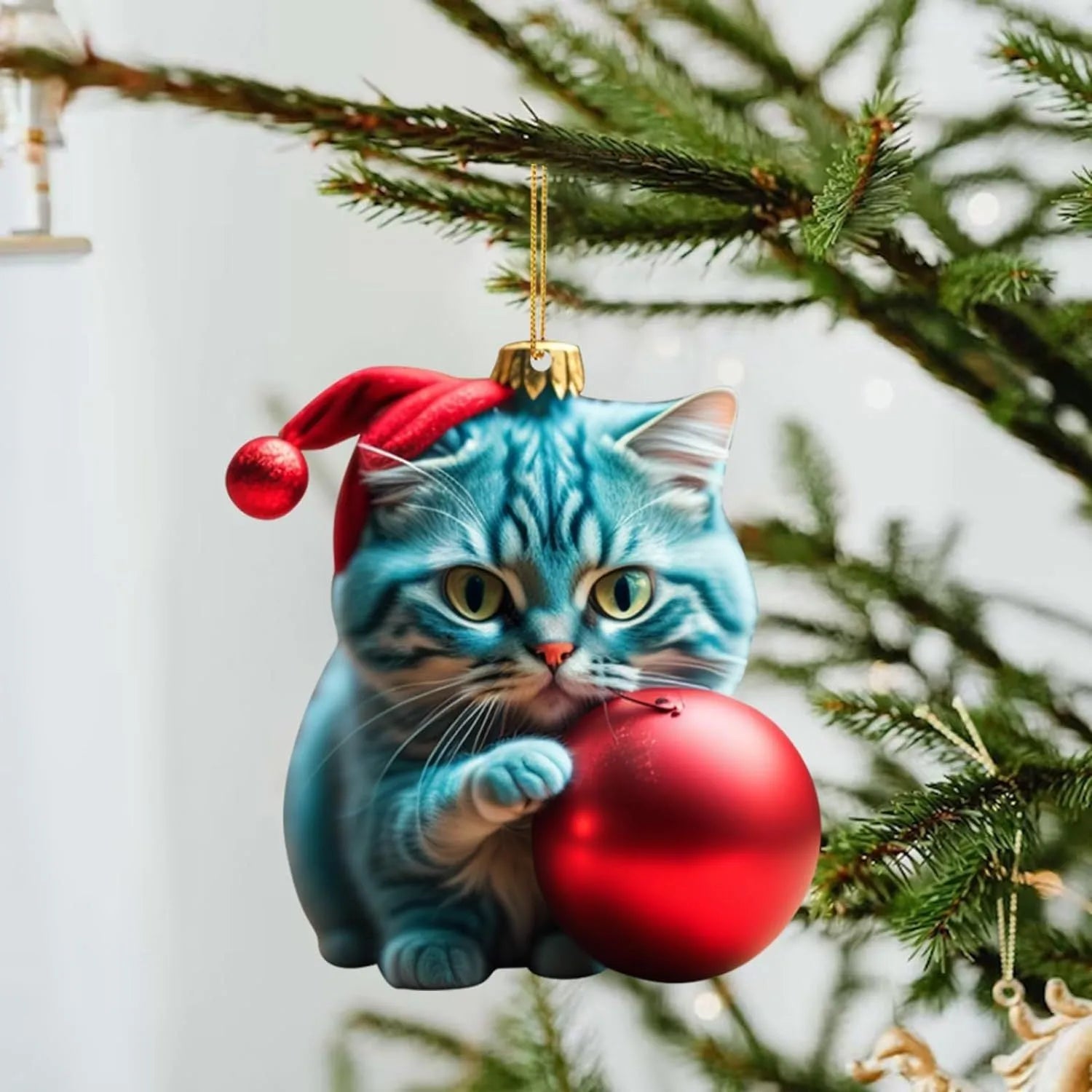 Cartoon style kitty Christmas car hanging ornament made from clear acrylic, shown in one of ten available colour variations.