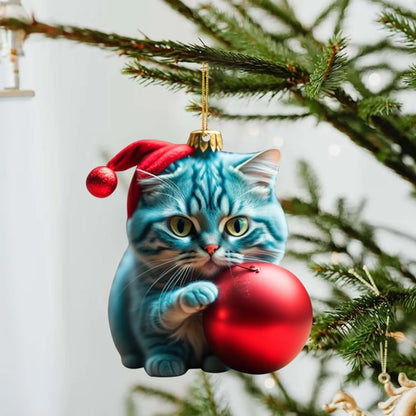 Cartoon style kitty Christmas car hanging ornament made from clear acrylic, shown in one of ten available colour variations.