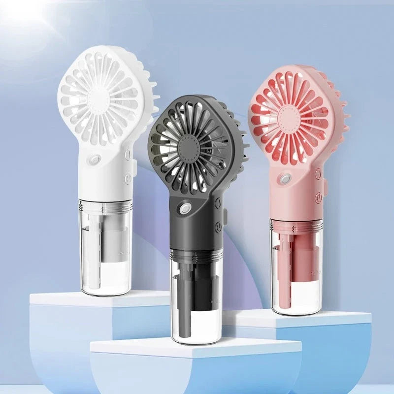 Powerful portable mist fan with four-speed settings, built-in humidifier, and compact design for convenient cooling and hydration