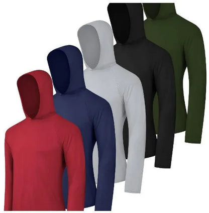 Set of four grey men's lightweight polyester hoodies folded, showing hooded and non-hooded styles.