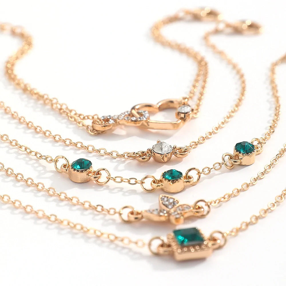Elegant 5-piece green crystal bracelet set with unique bohemian-inspired design and premium alloy construction