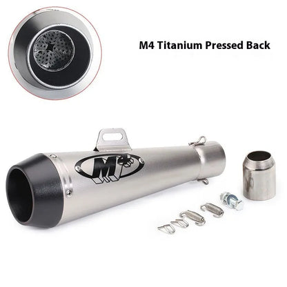 Universal M4 motorcycle exhaust pipe in various finishes including black, titanium, and half blue with back pressure options