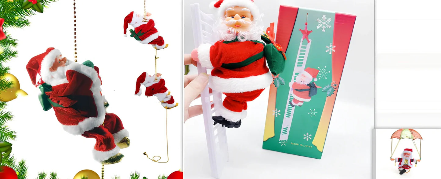 Electric plastic Santa Claus on 30cm climbing ladder with riding deer, in red suit, for Christmas decorations