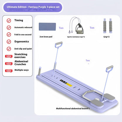 Multi-functional household fitness board with automatic rebound abdominal wheel, purple colour, dimensions 106x41x7cm
