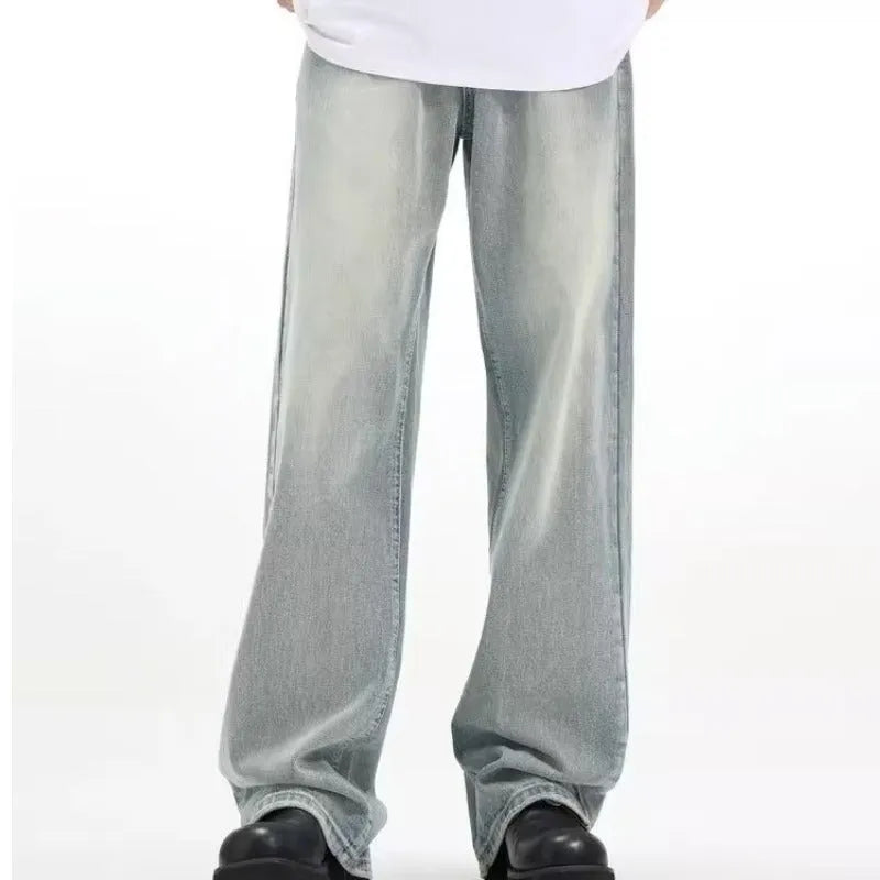 Blue retro loose casual trousers made from rabbit fur with high elasticity, showing loose fit and distinctive texture