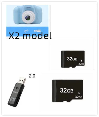 Colourful kids digital camera with silicone case showing 2-inch screen and lens.