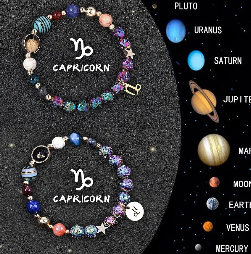 Adjustable natural stone zodiac beaded bracelet showing twelve different sign styles with 8mm beads