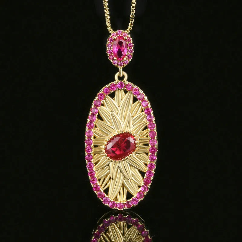 Gold-plated red corundum simulation jewellery set with necklace, ring and ear studs