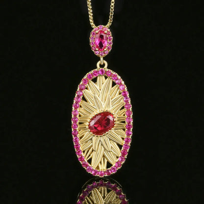 Gold-plated red corundum simulation jewellery set with necklace, ring and ear studs