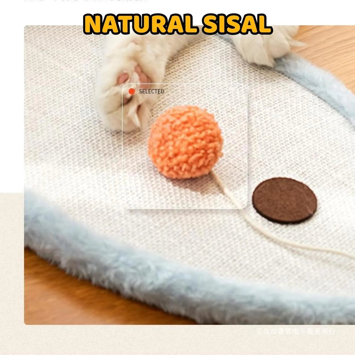 White wall-mounted cat scratching mat with sleeping cat cartoon design, made from natural sisal.
