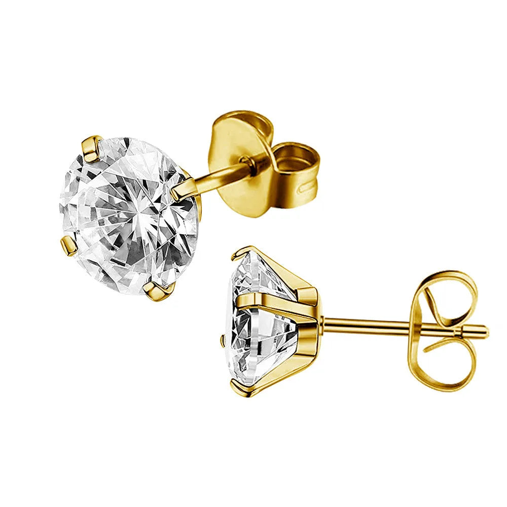 Square geometric stainless steel stud earrings with a round zircon stone, available in steel or gold colour.