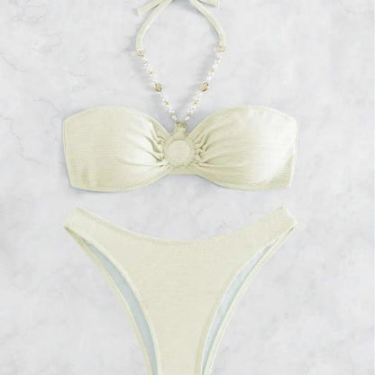 Women's halter neck bikini set in solid colour polyester fabric for swimming