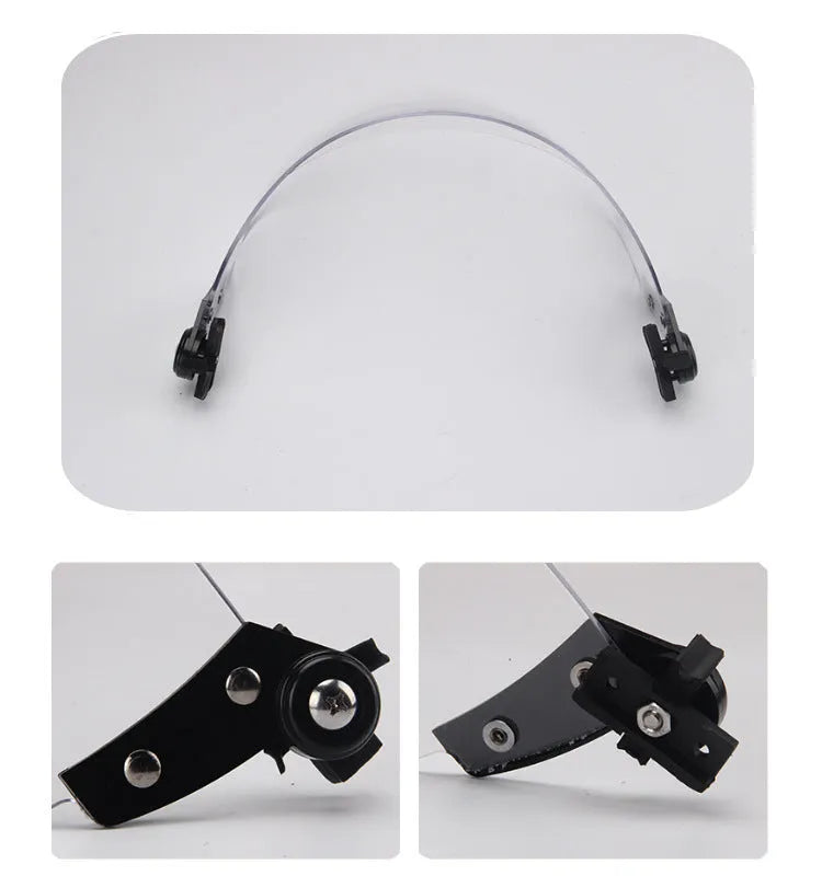 Transparent polycarbonate face shield helmet attachment with guide rail mount measuring 30cm by 15cm