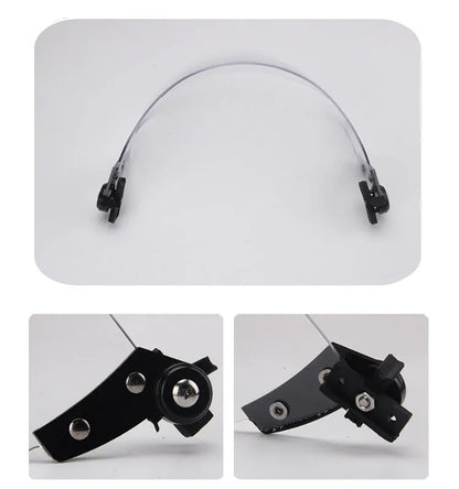 Transparent polycarbonate face shield helmet attachment with guide rail mount measuring 30cm by 15cm