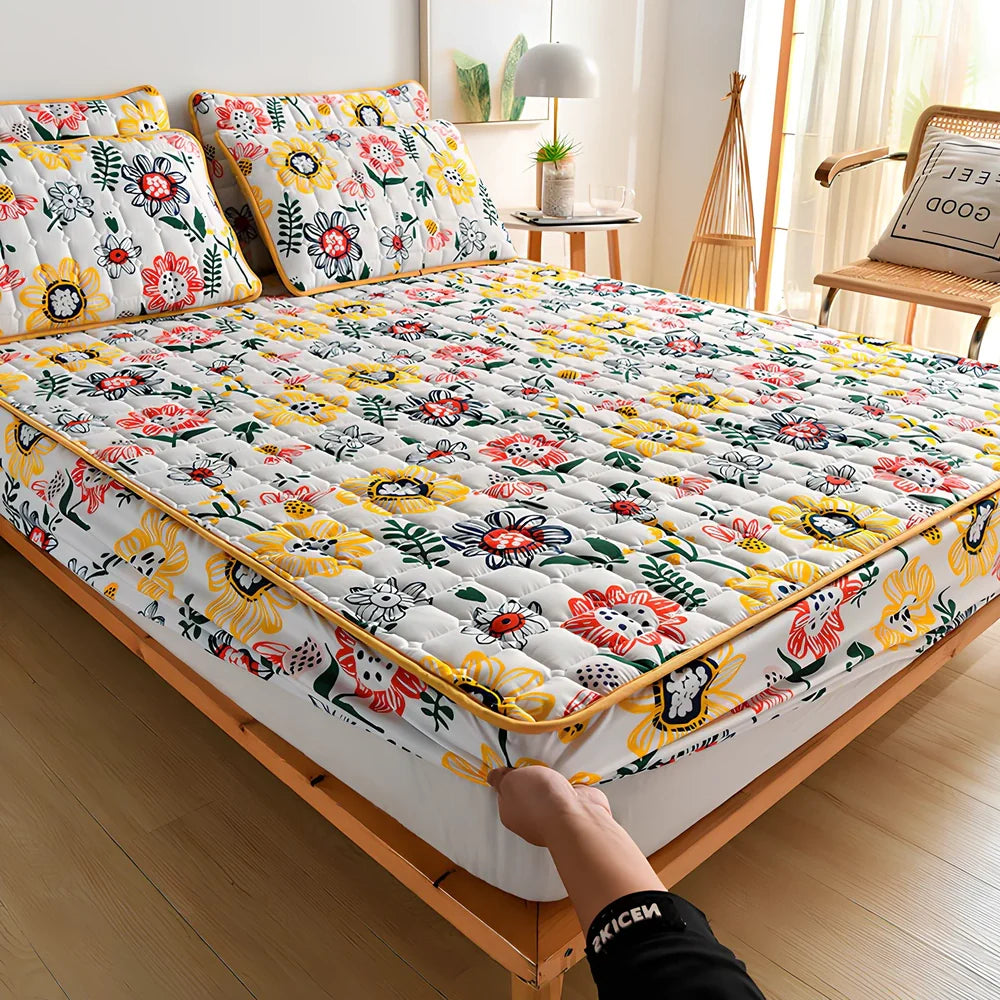Mattress cover dust cover with brushed weave texture shown on bed, includes bed cover and pillowcase