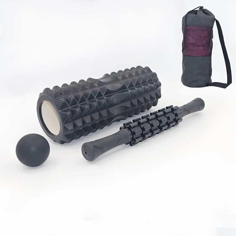 Fitness foam roller with massage shaft and gear massage bar stick: 33cm black six-piece set for targeted muscle relief and recovery, featuring foam shaft with EVA and PVC construction for durable health massage use.
