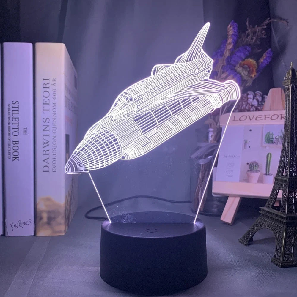 Custom 3D airplane hologram night light with optical acrylic panel and ABS base showing colour-changing illumination