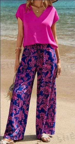 Women's solid V-neck short sleeve top and botanical print pants set in woven fabric