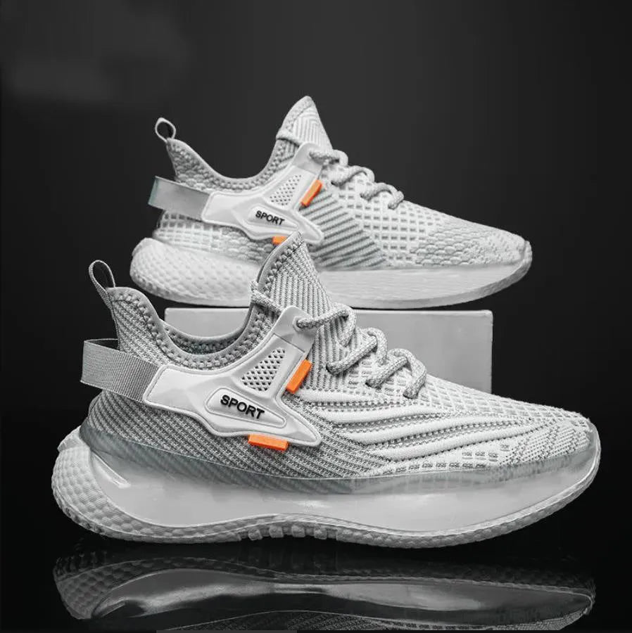 Men's white low-top mesh platform sneakers with round toe and front lace-up design on a rubber sole