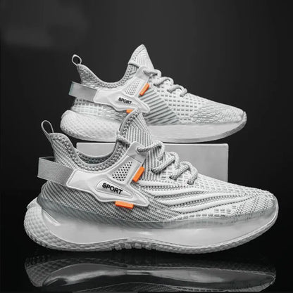 Men's white low-top mesh platform sneakers with round toe and front lace-up design on a rubber sole