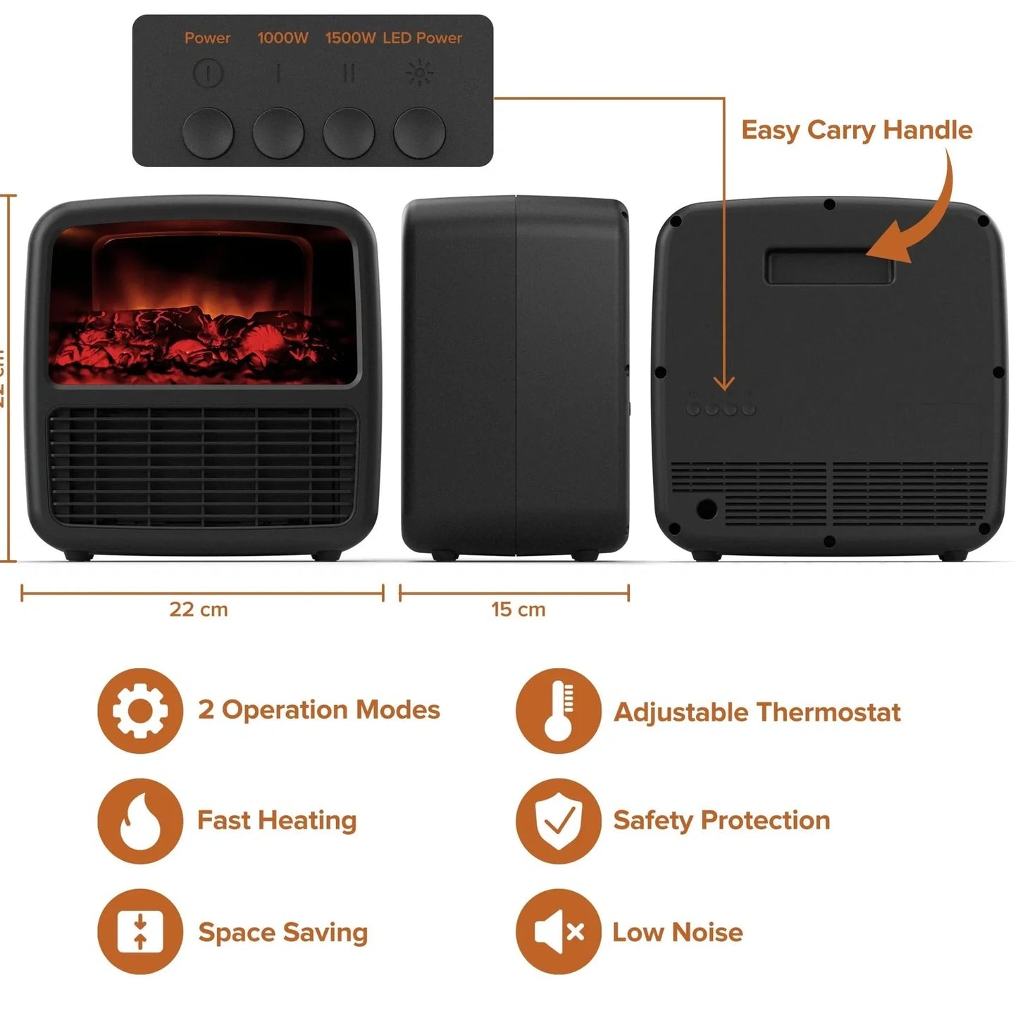 Black desktop electric space heater with ceramic heating element and mechanical controls measuring 22cm square