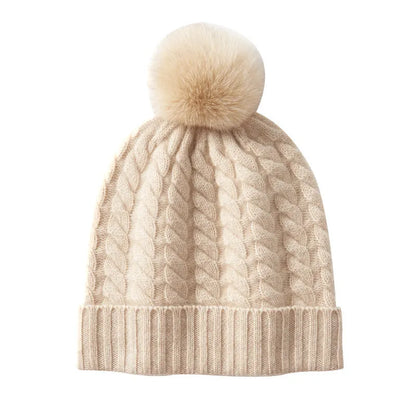 Women's cashmere knitted hat with fur ball in white velvet colour, average size, autumn winter accessory