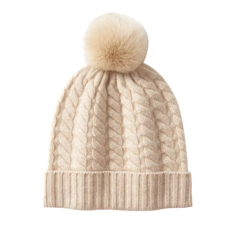 Women's Knitted Hat in Cashmere with Faux Fur Ball, Average Size, Available in White Velvet, Green Velvet, Purple Cashmere, Caramel Mocha, Medium Gray and Dark Gray for Autumn and Winter Wear