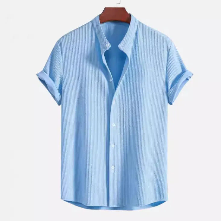 Men's loose short sleeve shirt in polyester, available in colours like wine red and navy blue, sizes S to 4XL