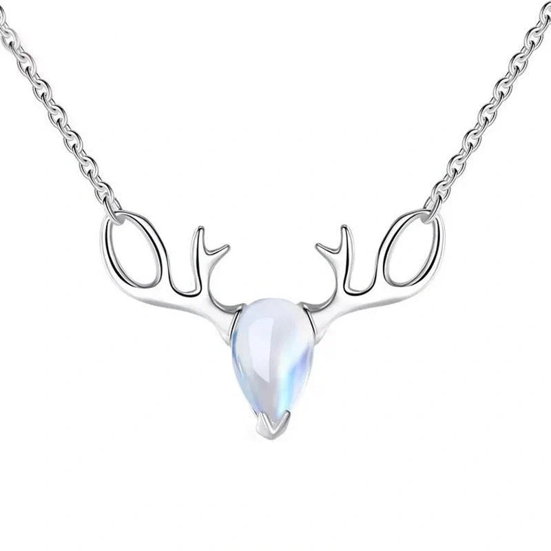 S925 Sterling Silver Elk Necklace with glowing Moonstone Pendant, Korean style jewelry