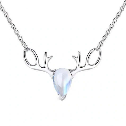 S925 Sterling Silver Elk Necklace with glowing Moonstone Pendant, Korean style jewelry