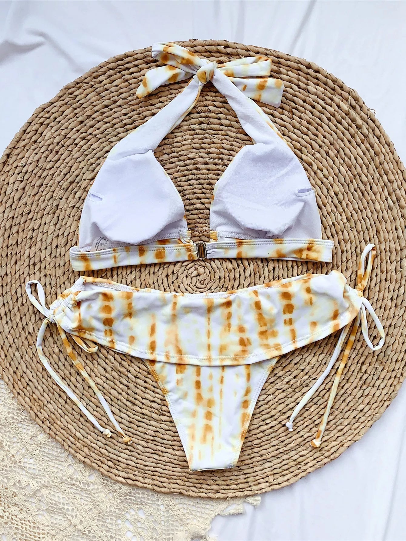Women's printed bikini swimsuit with ruffle detail in white and yellow