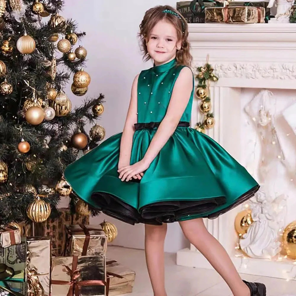 Green pettiskirt princess dress for girls with seven height sizes from 100cm to 160cm, polyester fabric